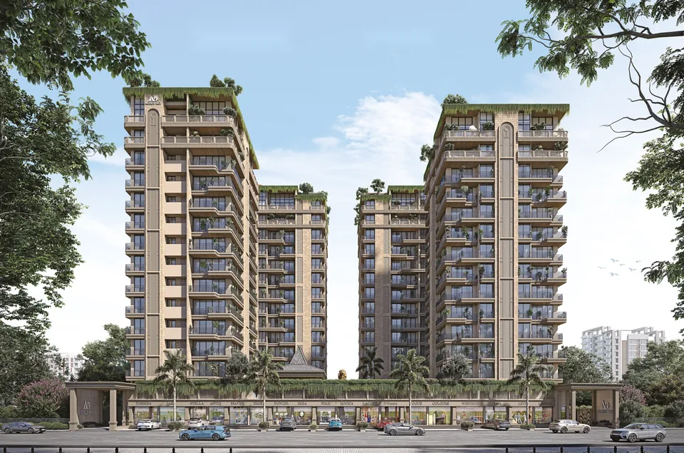 Front elevation of AD SUN SKY showing four wings above the retail frontage