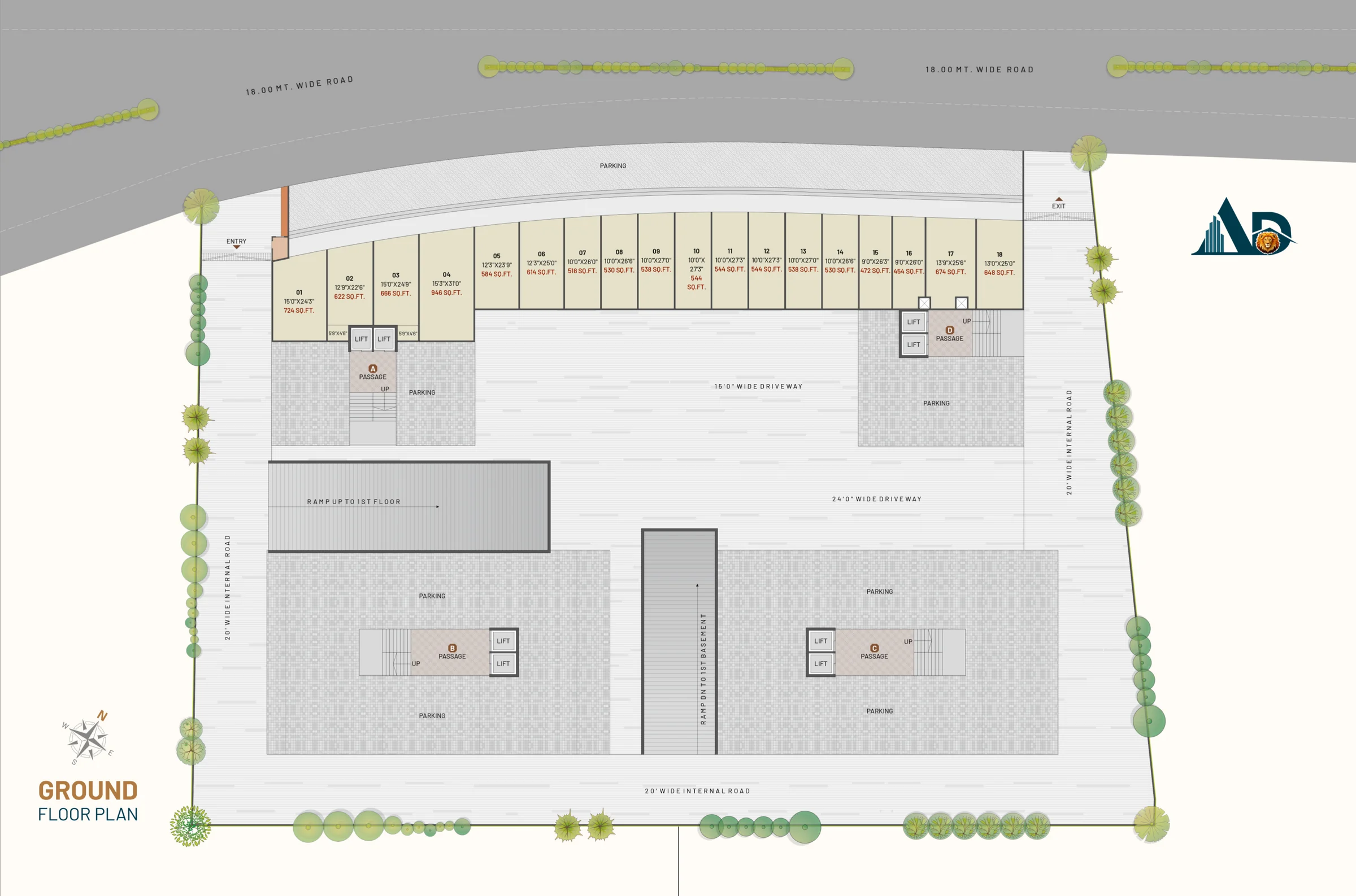 Ground floor plan with 18 shops, parking and wing cores