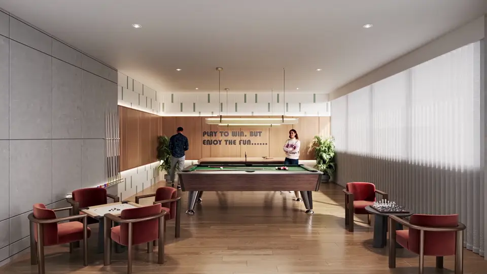 Indoor games room with pool table